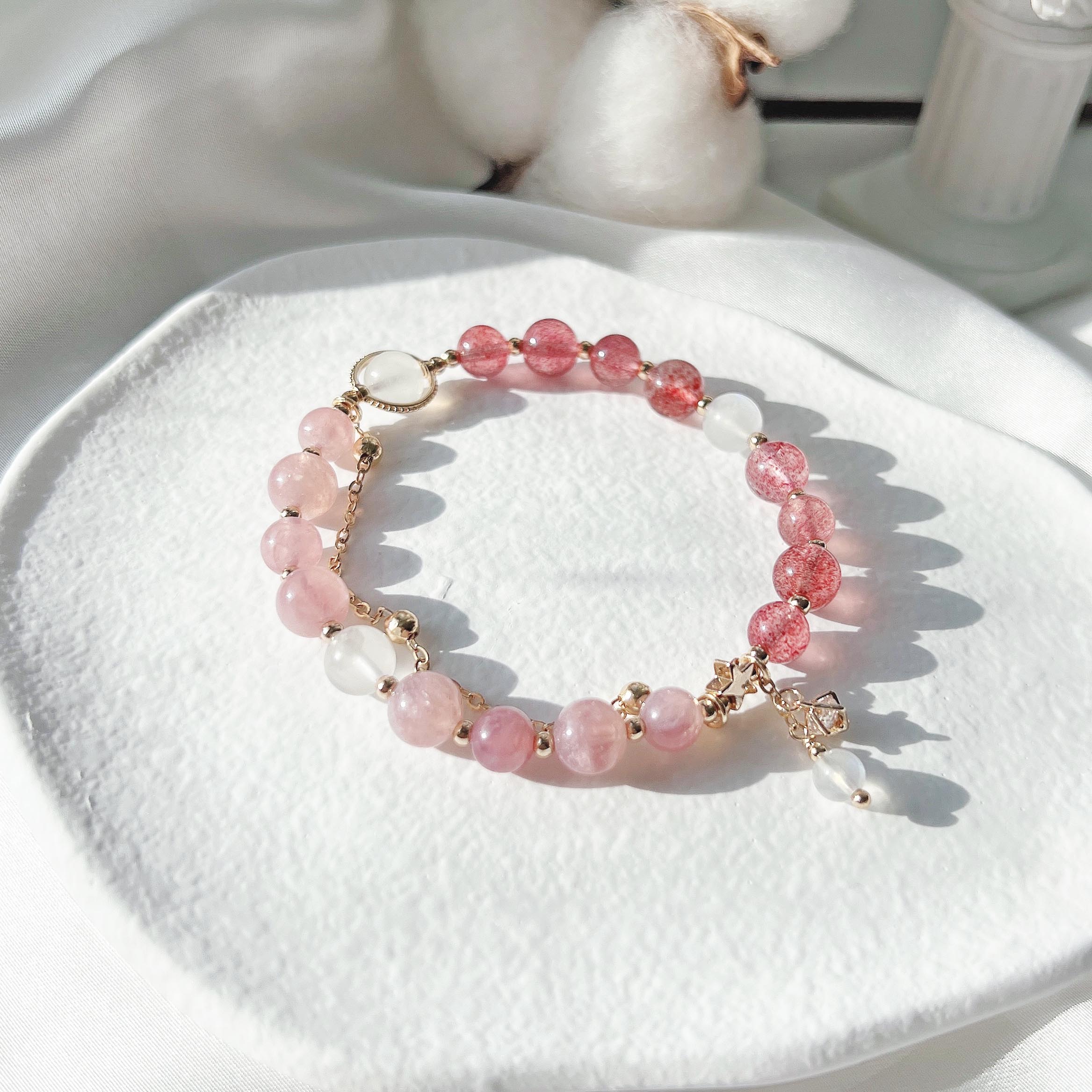 Rose Quartz Strawberry Quartz Moonstone 14k Gold Filled Bracelet