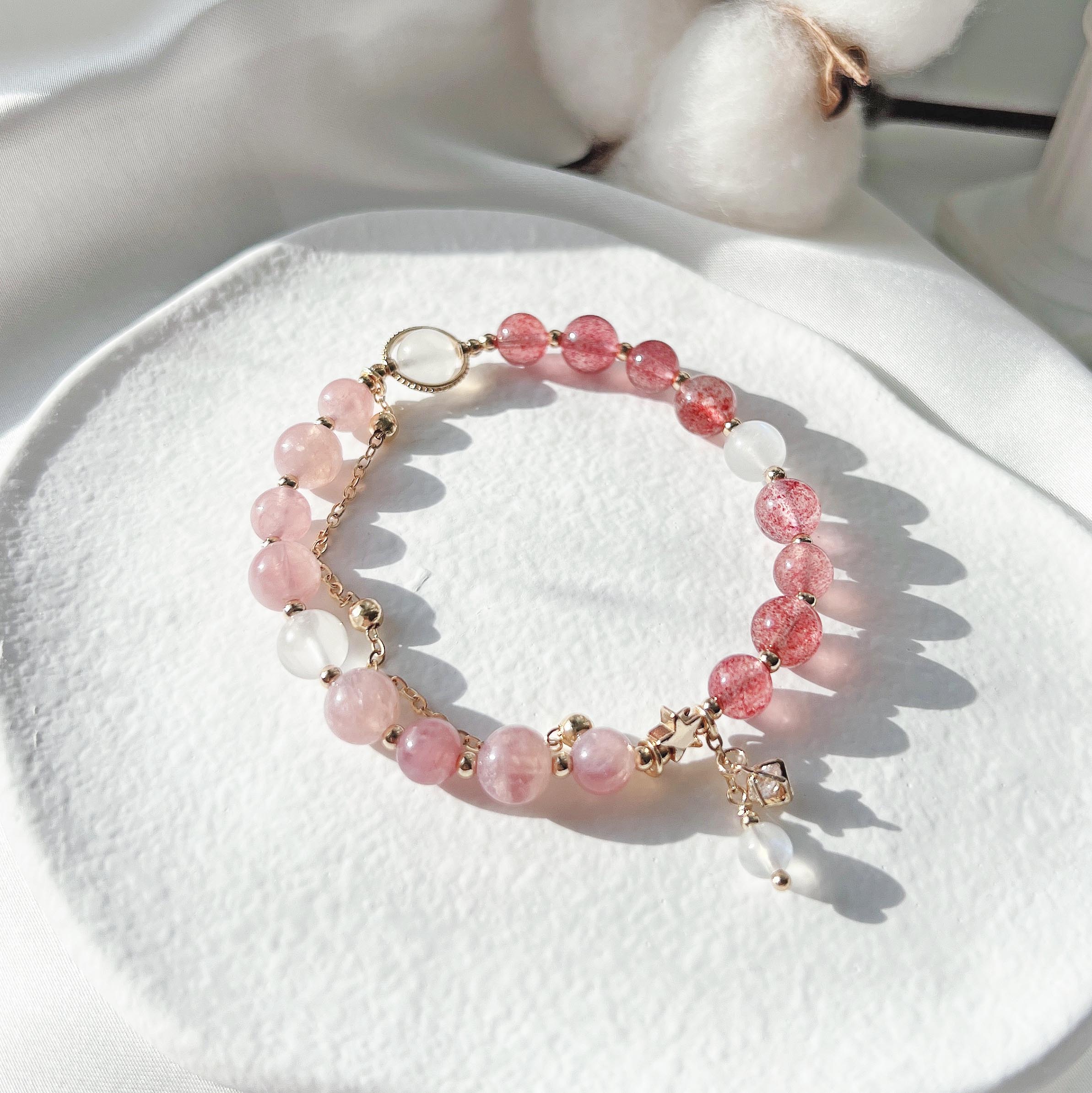 Rose Quartz Strawberry Quartz Moonstone 14k Gold Filled Bracelet