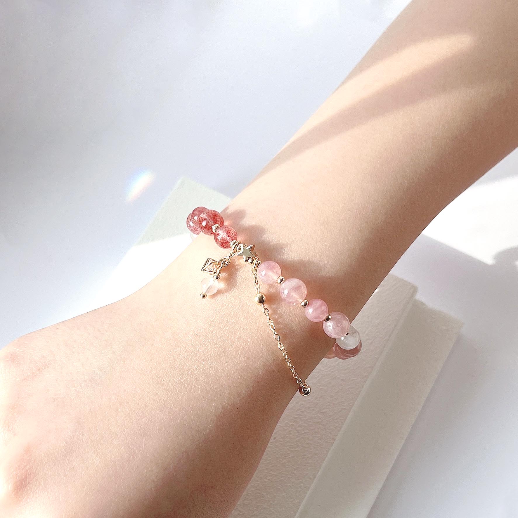 Rose Quartz Strawberry Quartz Moonstone 14k Gold Filled Bracelet