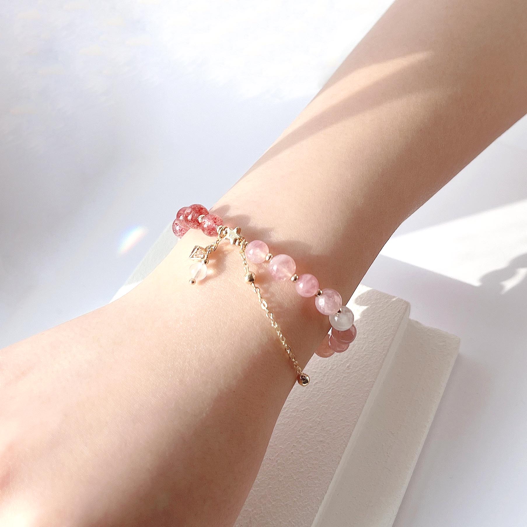 Rose Quartz Strawberry Quartz Moonstone 14k Gold Filled Bracelet