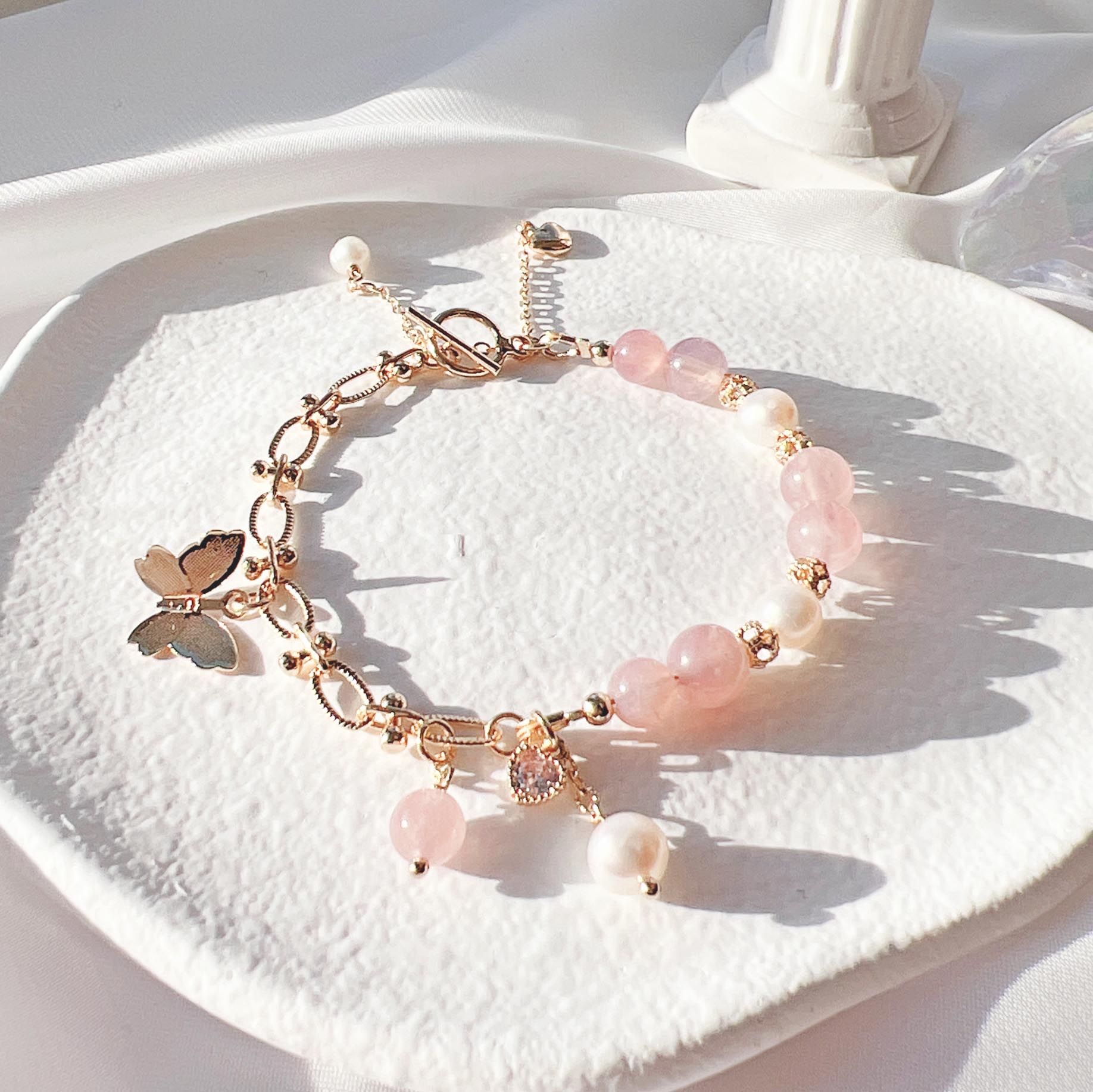 Rose quartz freshwater pearl 14k gold filled bracelet