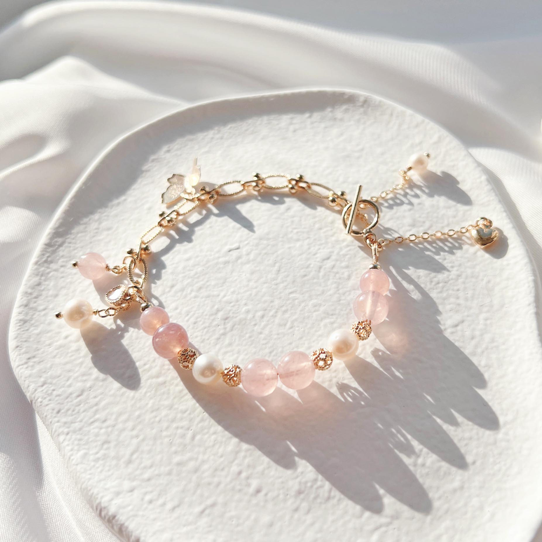 Rose quartz freshwater pearl 14k gold filled bracelet