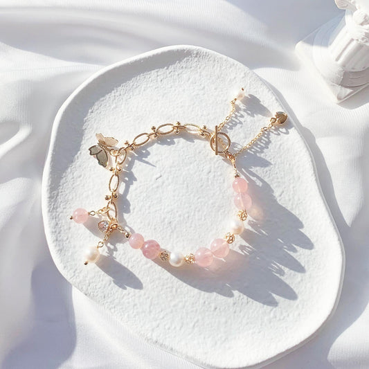 Rose quartz freshwater pearl 14k gold filled bracelet