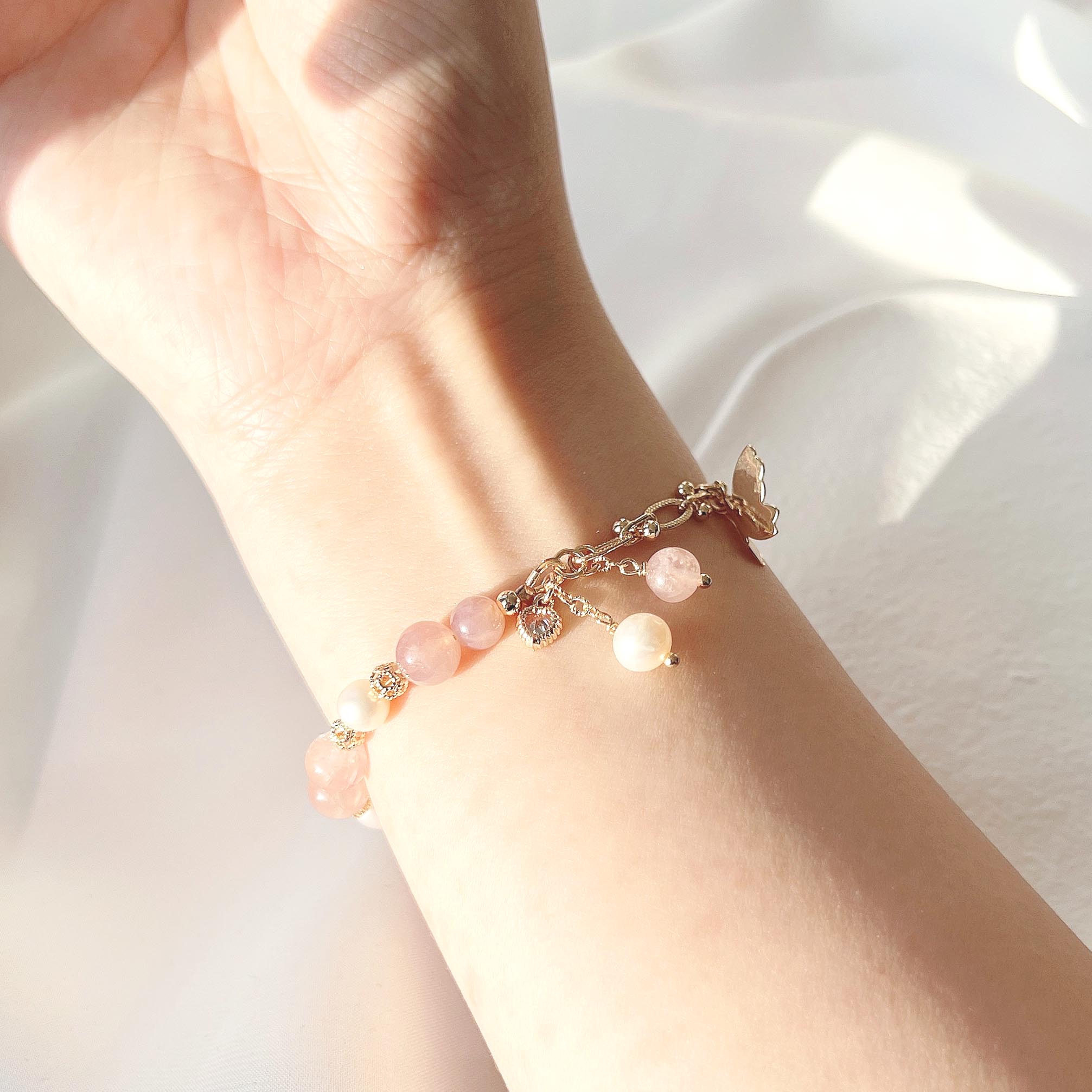 Rose quartz freshwater pearl 14k gold filled bracelet