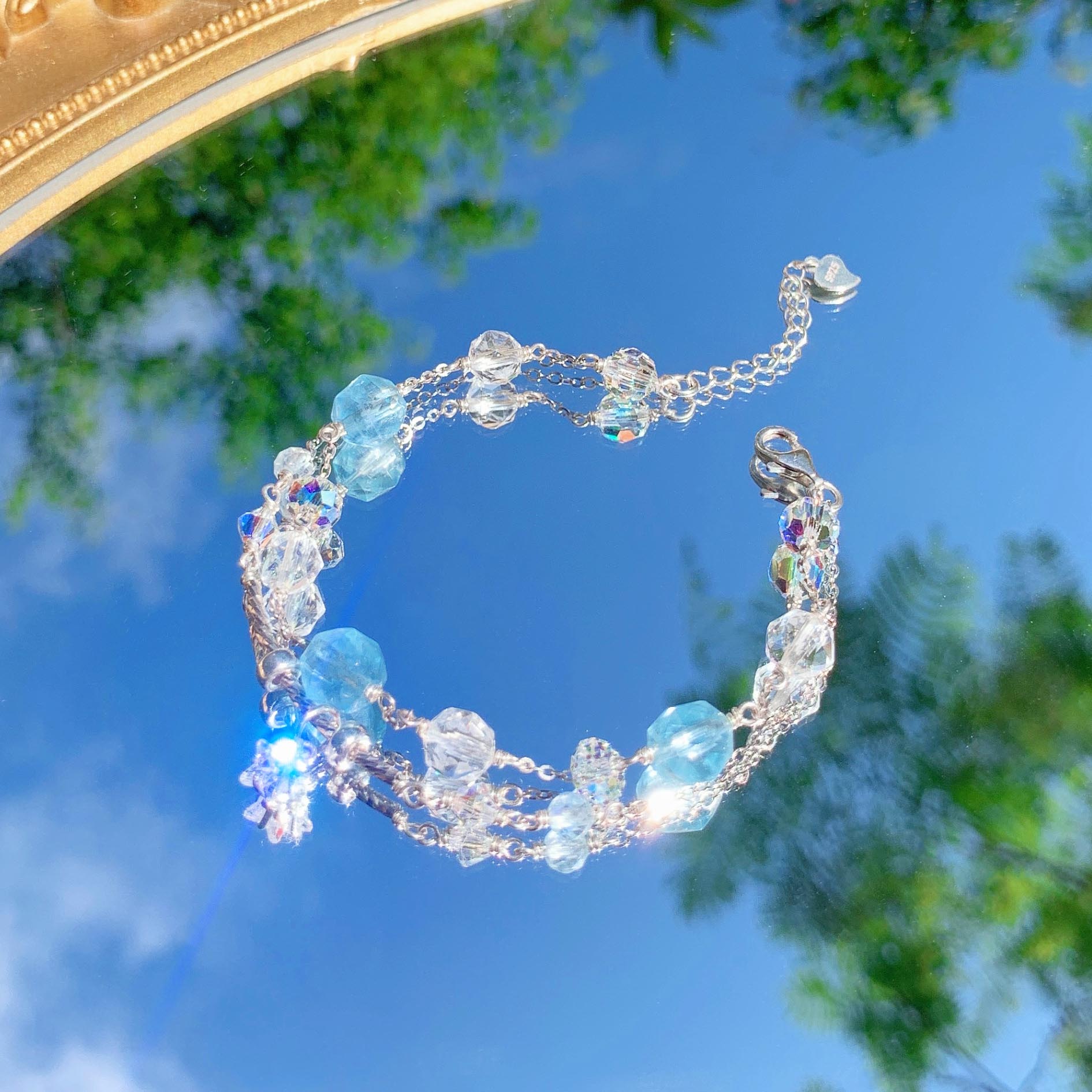 Aquamarine white crystal S925 sterling silver bracelet