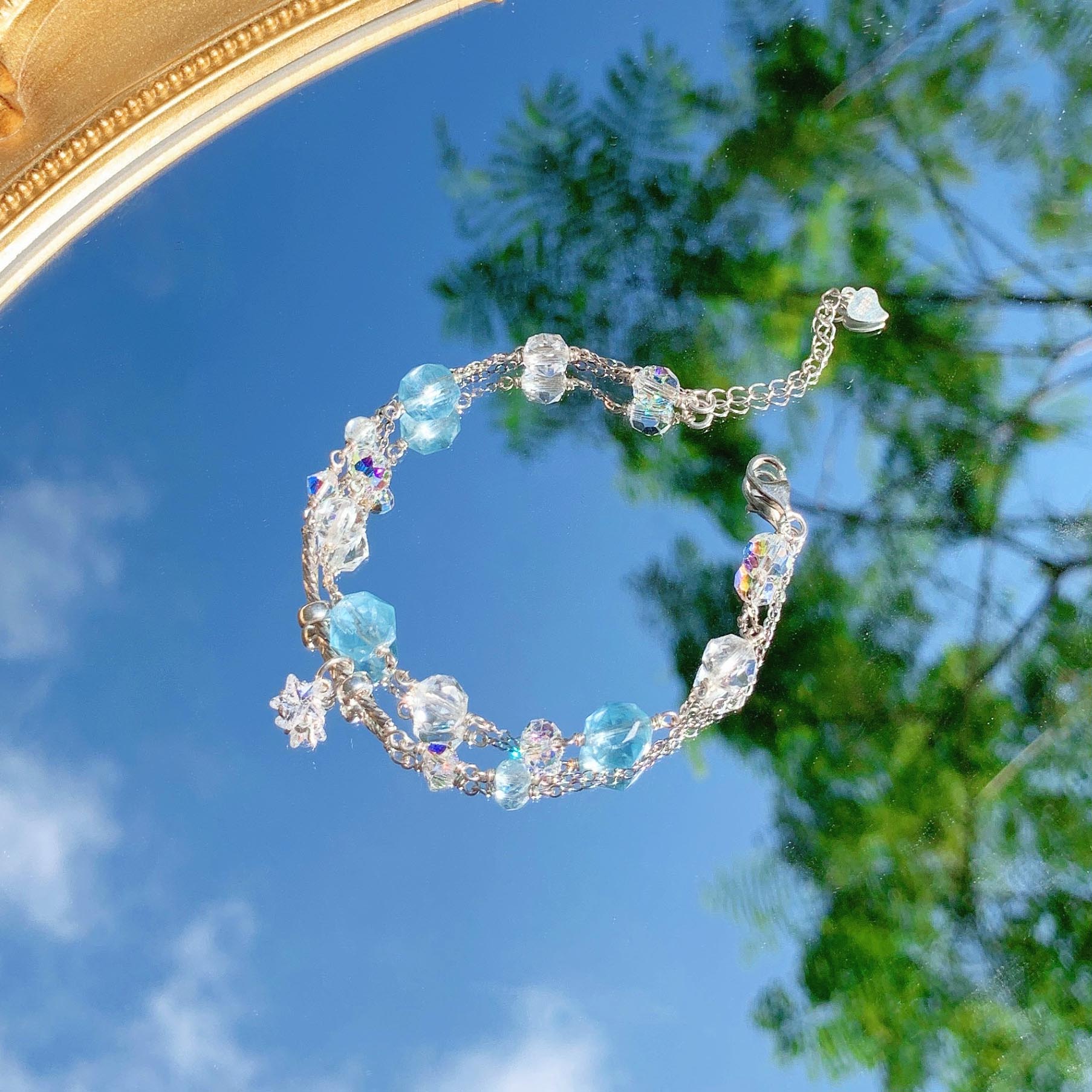 Aquamarine white crystal S925 sterling silver bracelet