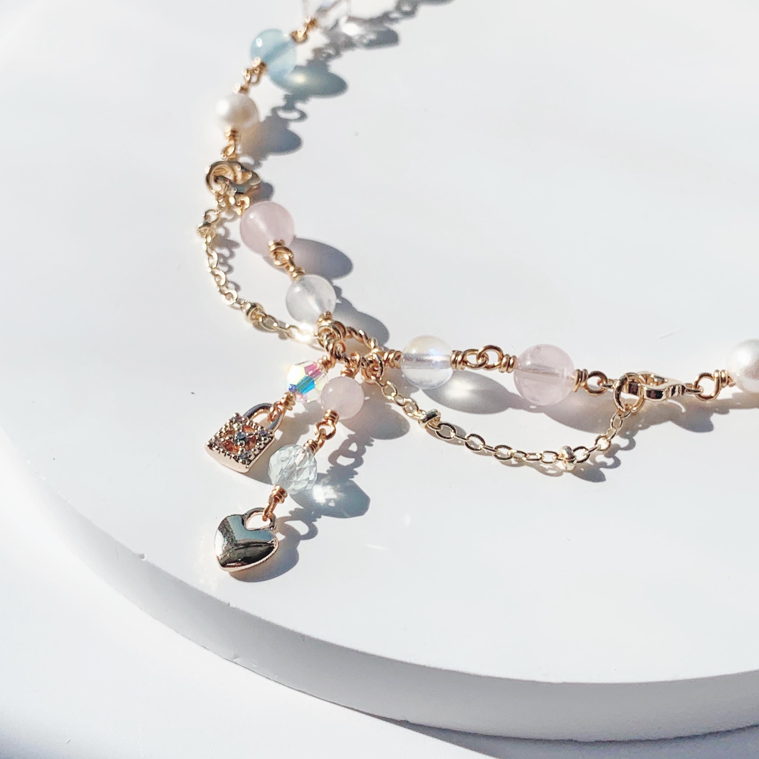 Moonstone pink crystal aquamarine diamond cut white crystal freshwater pearl 14k gold filled bracelet