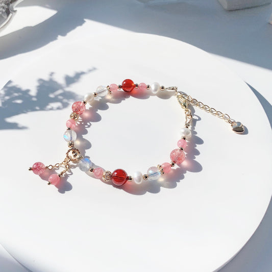 拉長石草莓晶橙紅石榴石紅紋石淡水珍珠14k包金手鍊