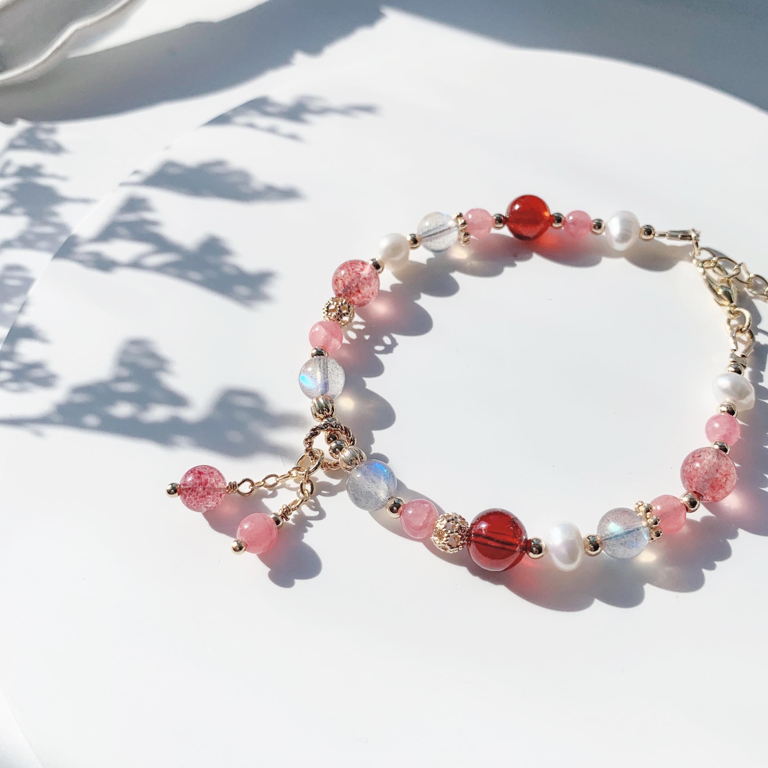 Labradorite strawberry crystal orange red garnet rhodolite freshwater pearl 14k gold filled bracelet