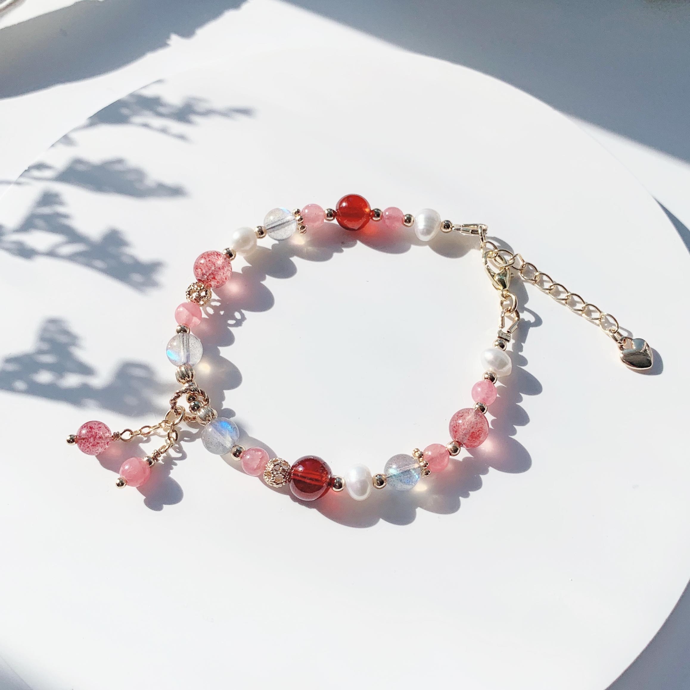 Labradorite strawberry crystal orange red garnet rhodolite freshwater pearl 14k gold filled bracelet