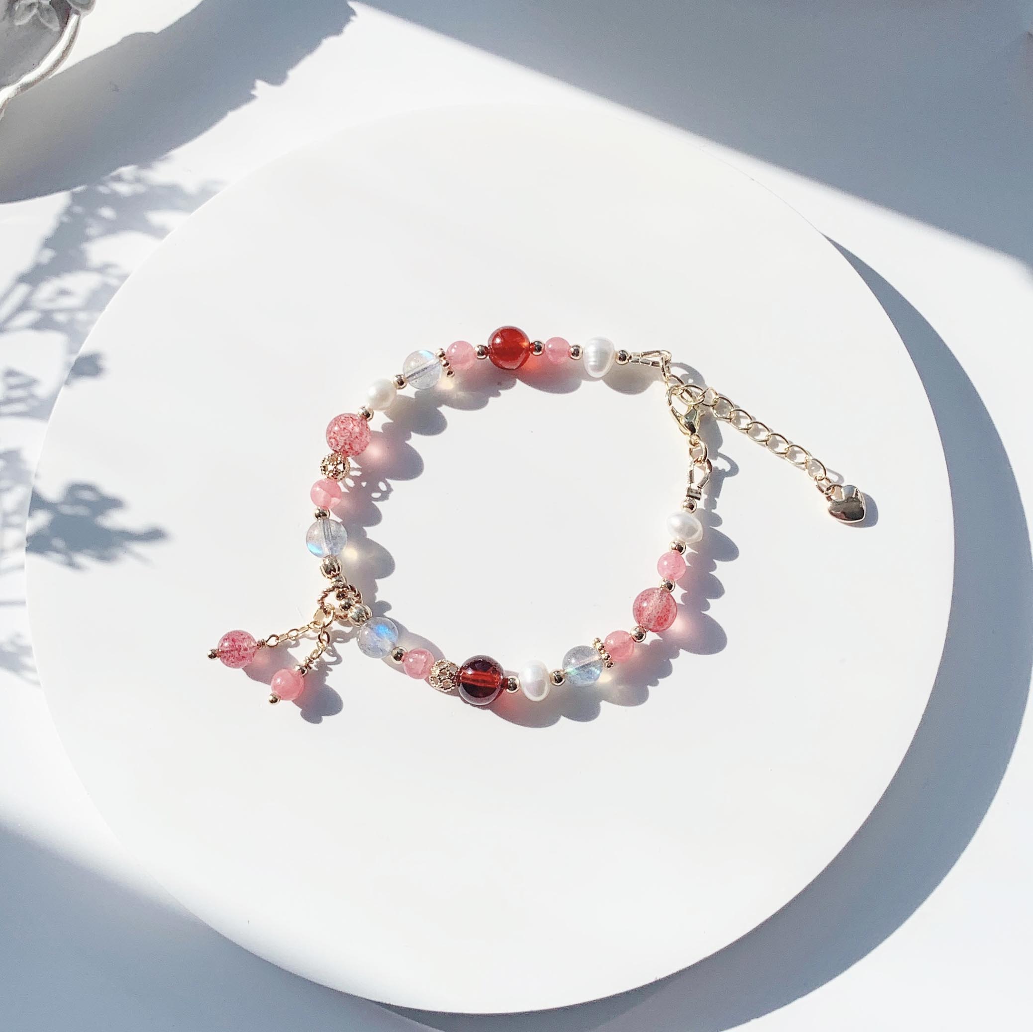 Labradorite strawberry crystal orange red garnet rhodolite freshwater pearl 14k gold filled bracelet