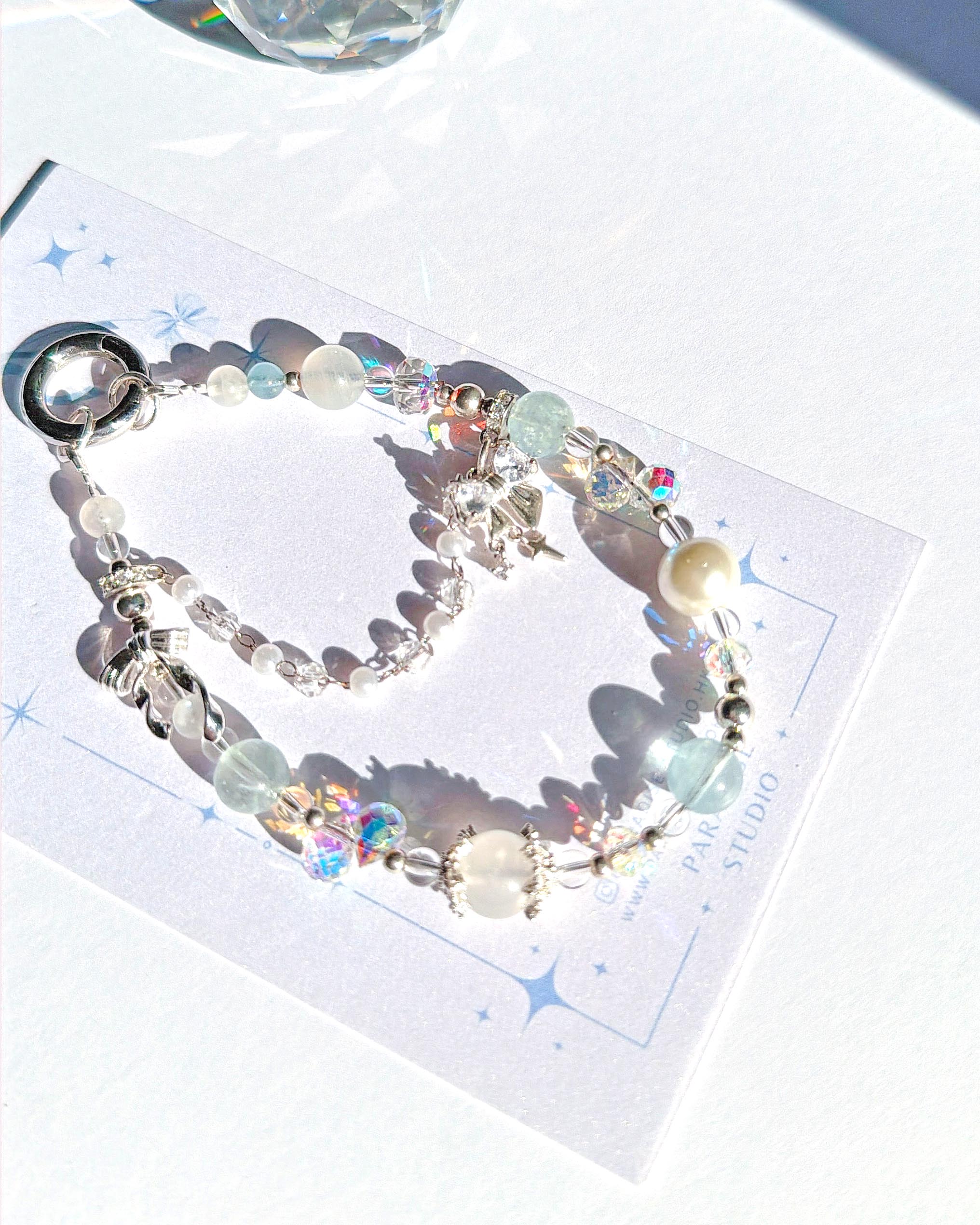 海藍寶月光石白水晶貝珠水晶手機掛繩