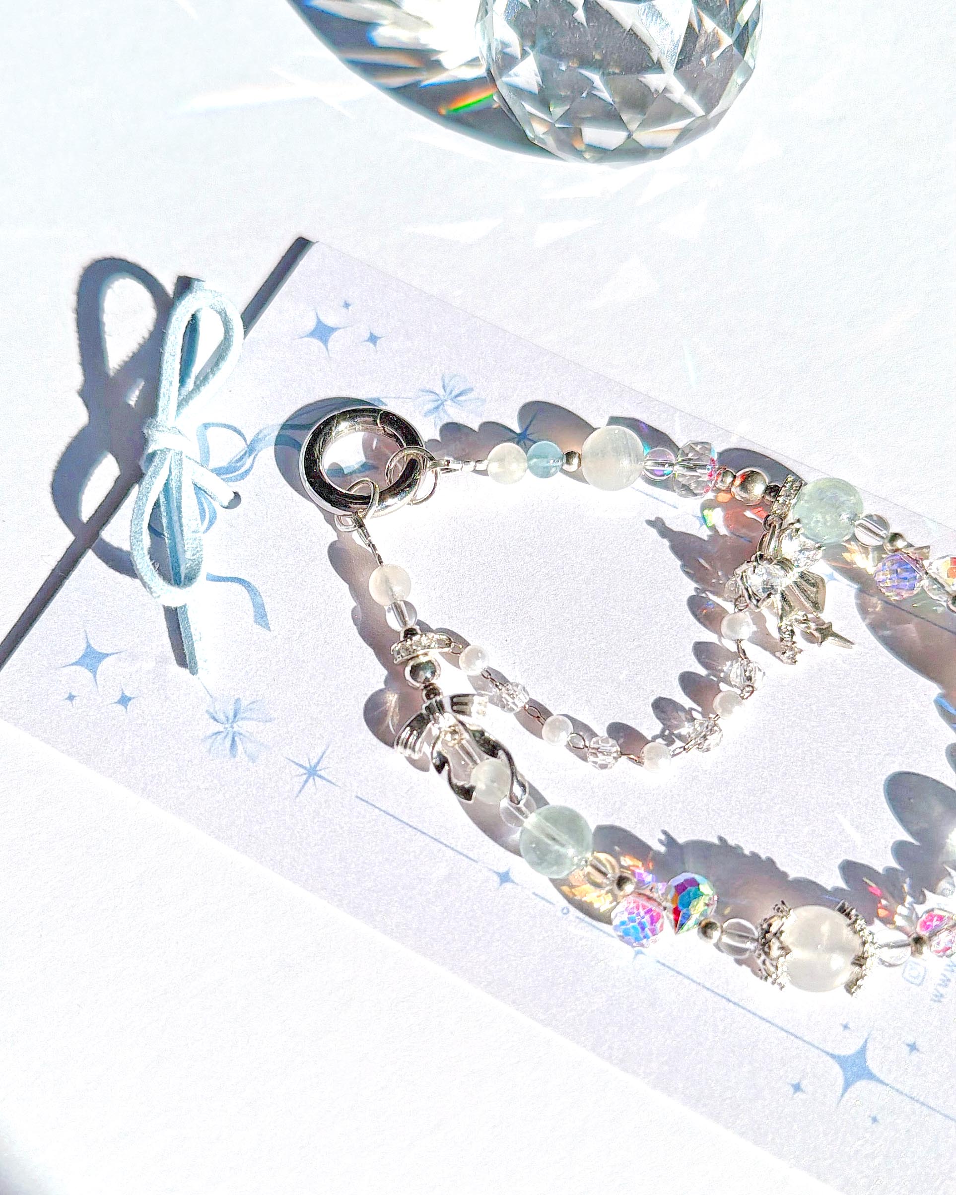 海藍寶月光石白水晶貝珠水晶手機掛繩