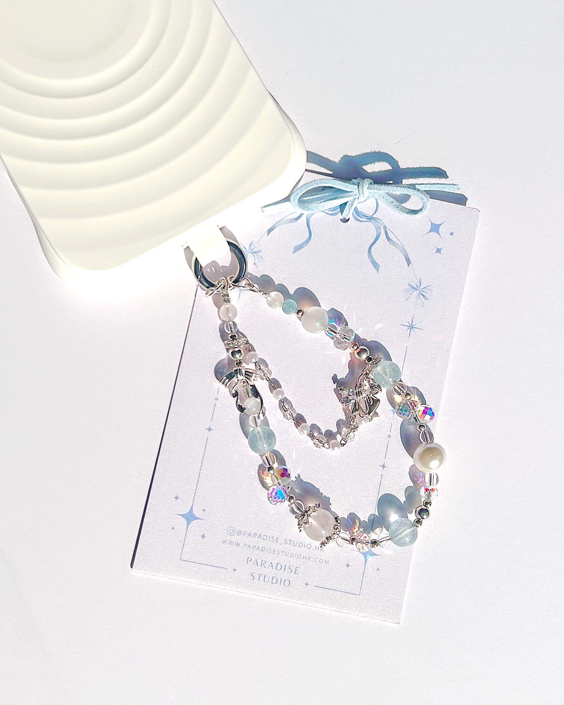 海藍寶月光石白水晶貝珠水晶手機掛繩