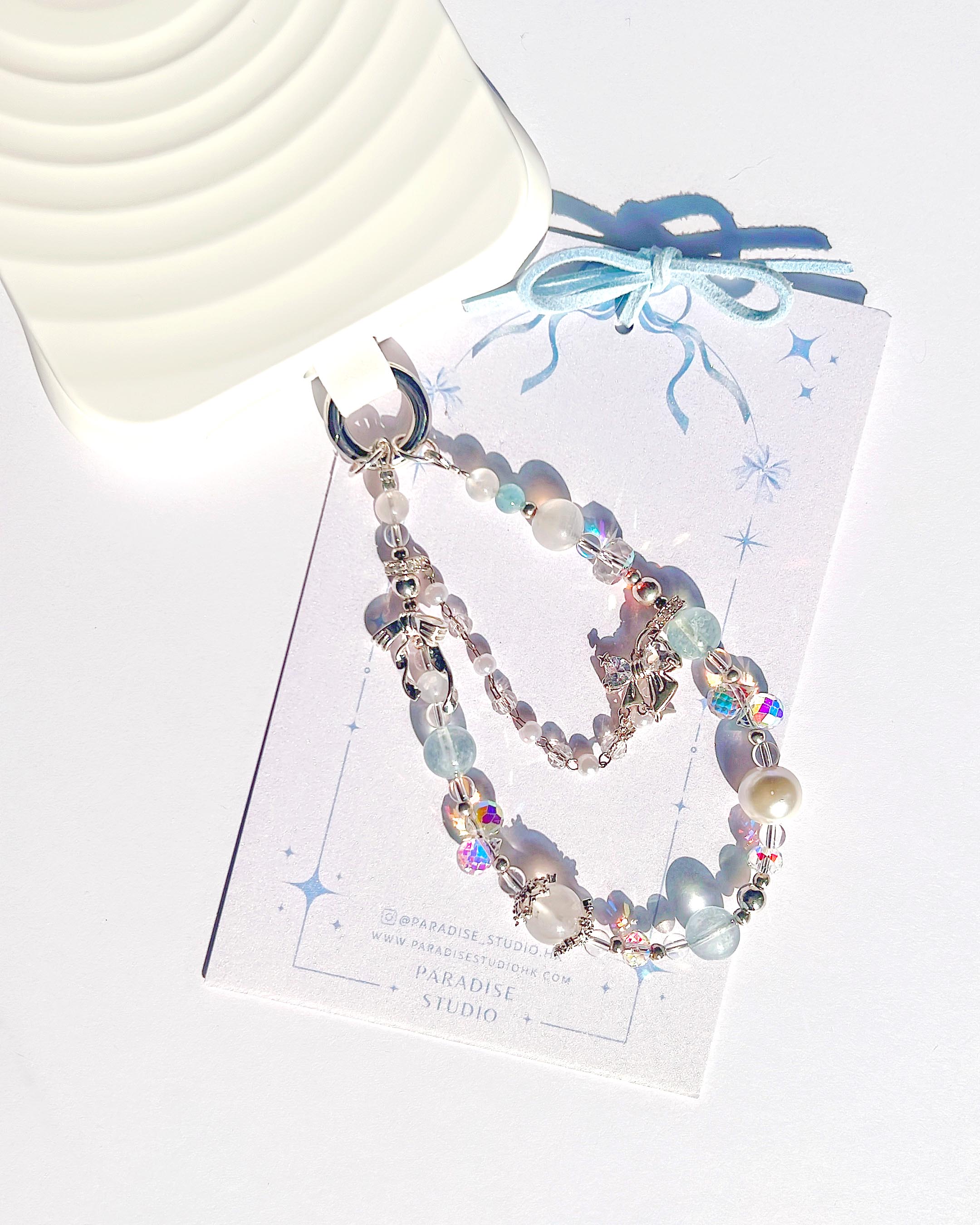 海藍寶月光石白水晶貝珠水晶手機掛繩