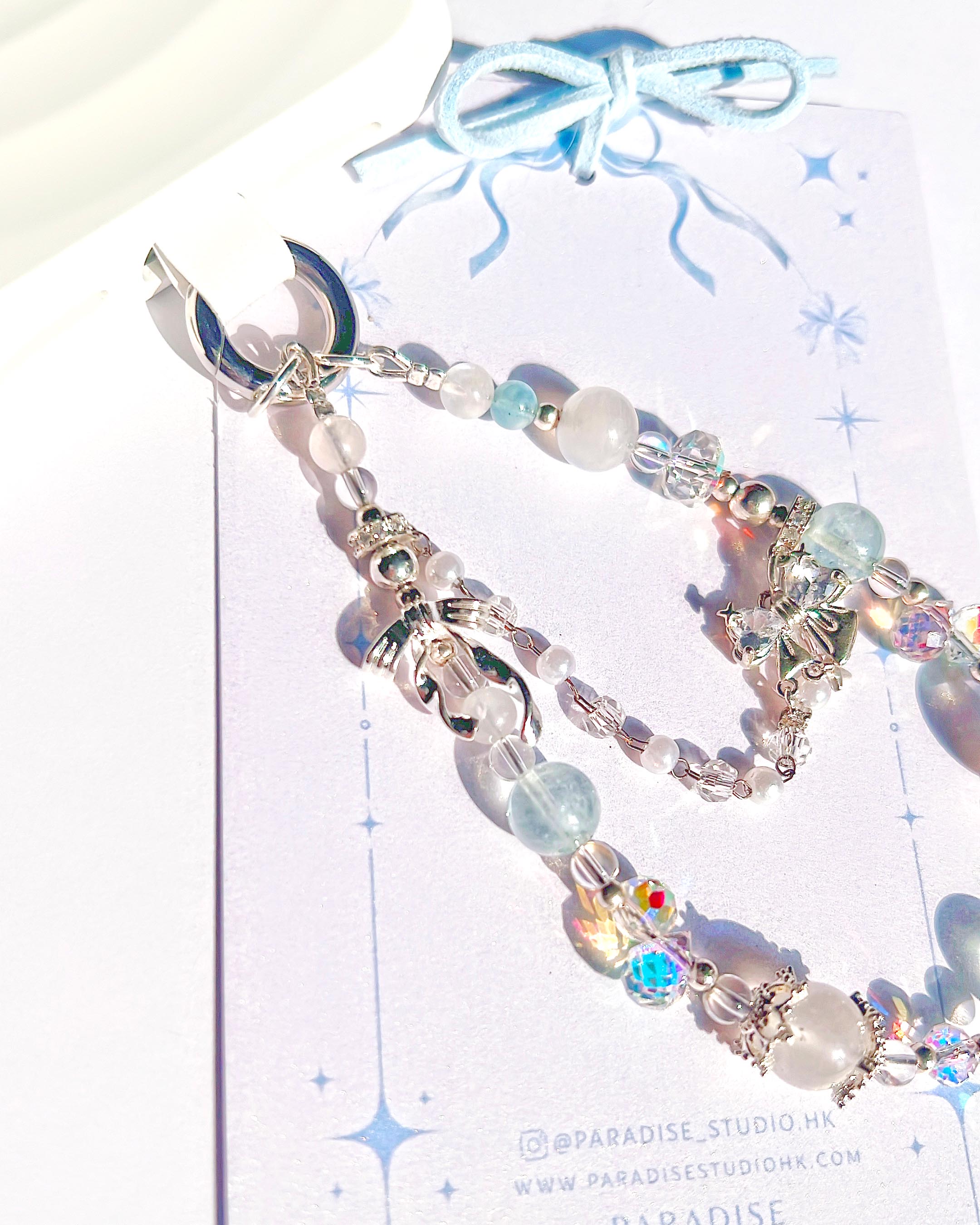 海藍寶月光石白水晶貝珠水晶手機掛繩