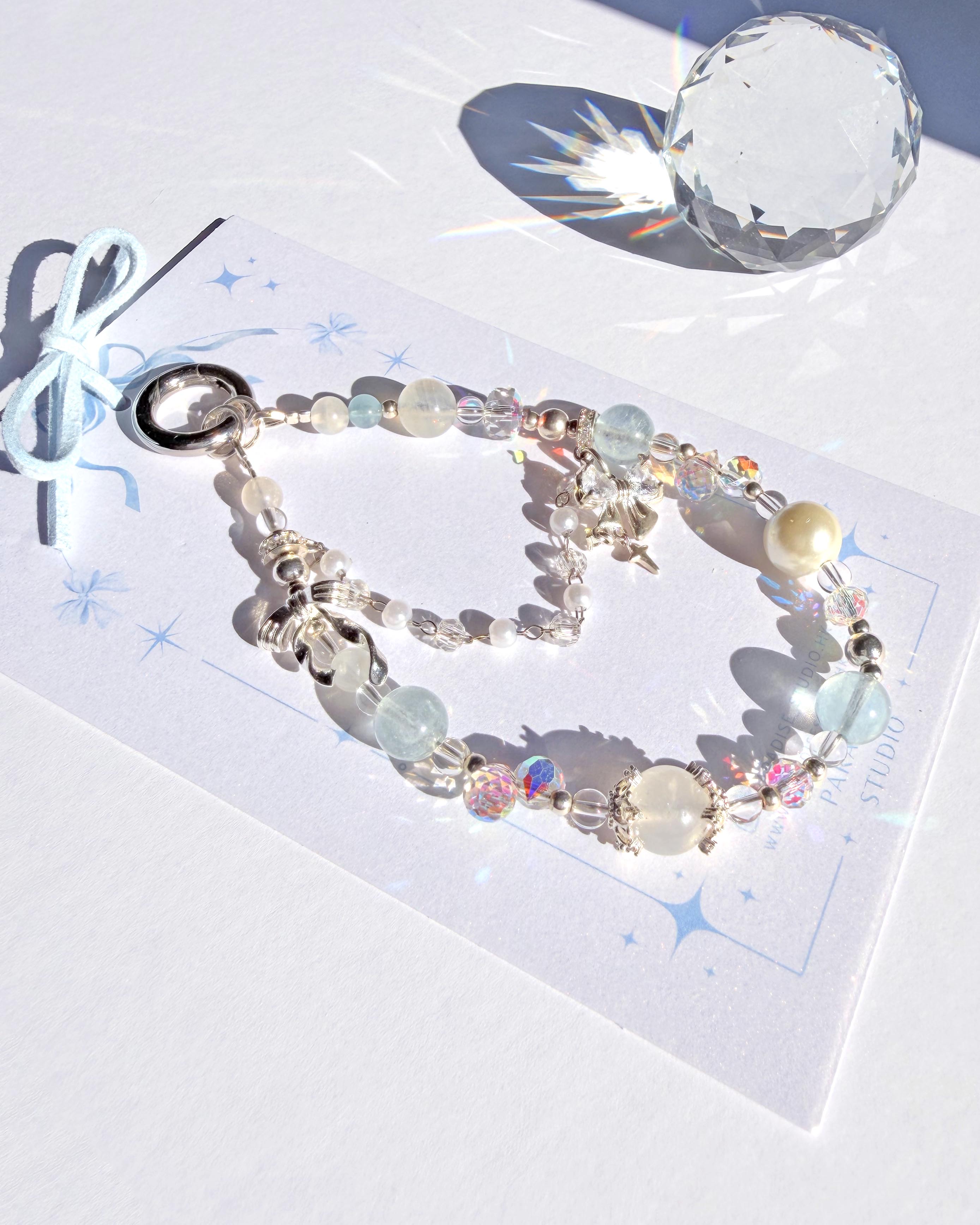 海藍寶月光石白水晶貝珠水晶手機掛繩