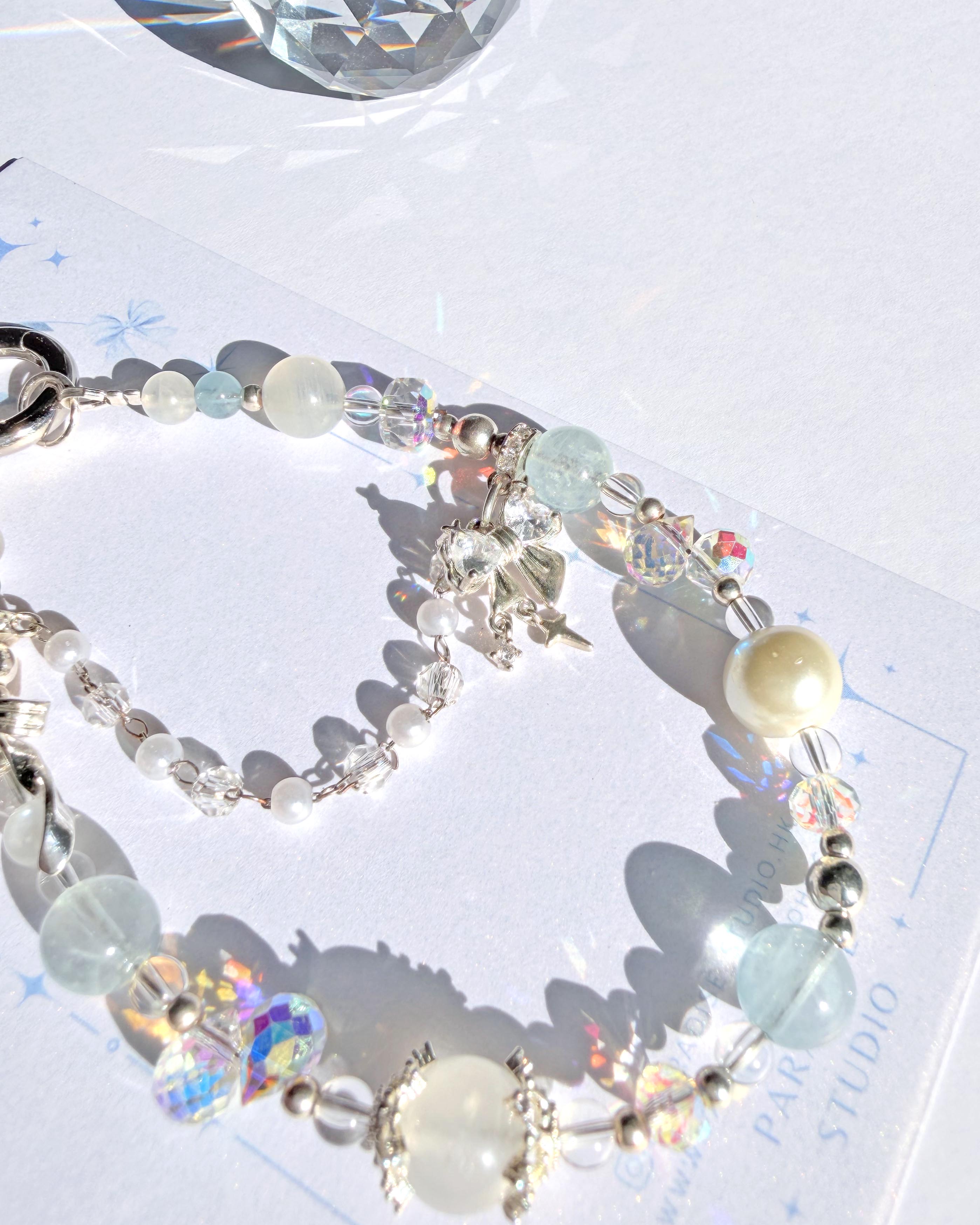 海藍寶月光石白水晶貝珠水晶手機掛繩