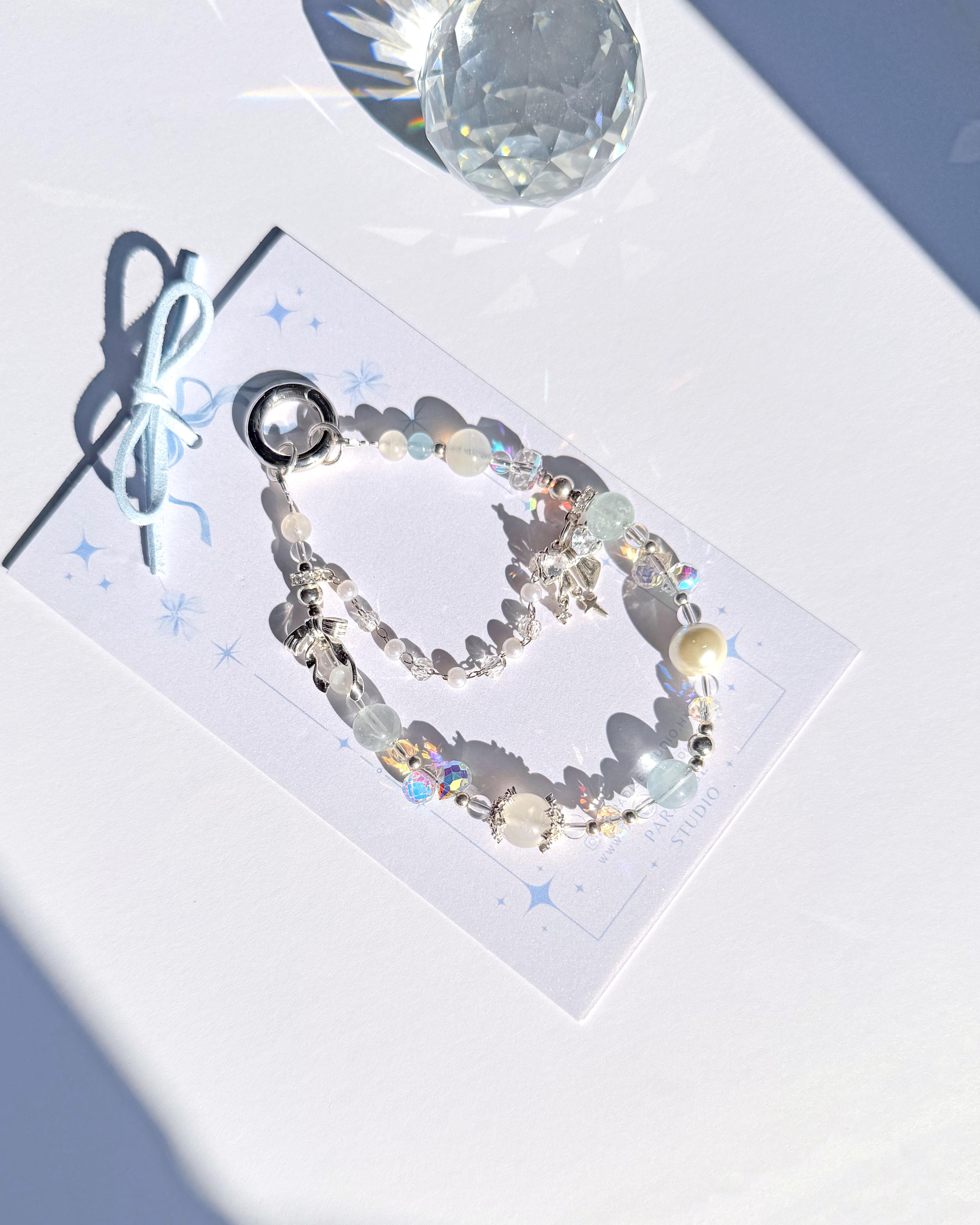 海藍寶月光石白水晶貝珠水晶手機掛繩